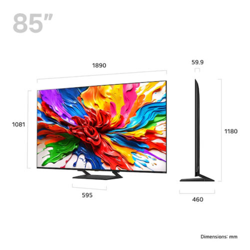85-inch LG QNED TV dimensions diagram with pedestal stand