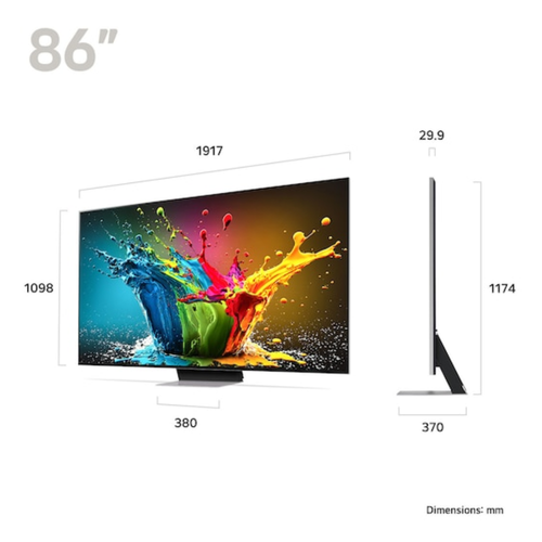 86-inch LG QNED TV shown in slim side profile with dimension markers