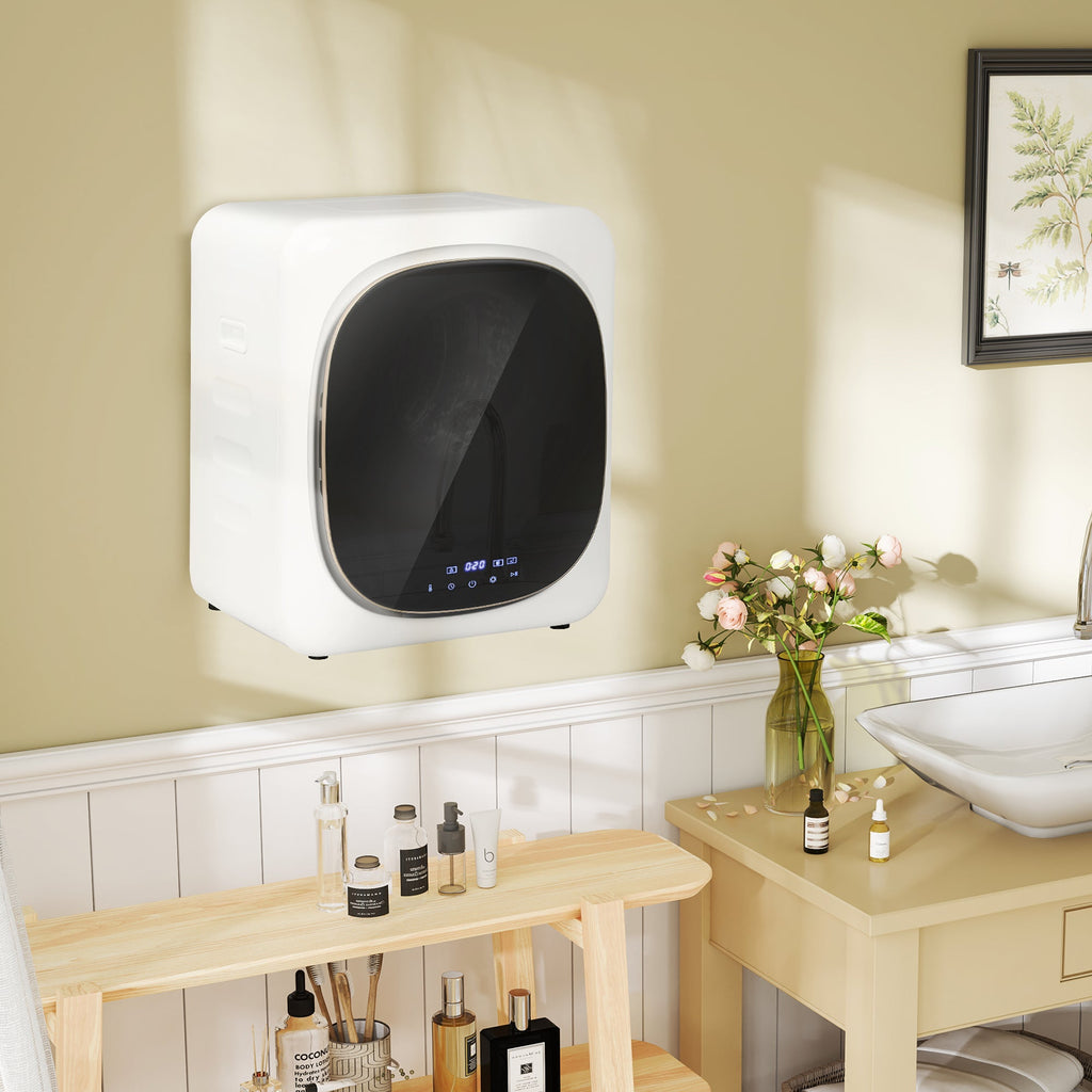 White compact front-load tumble dryer with black door window and LED control display