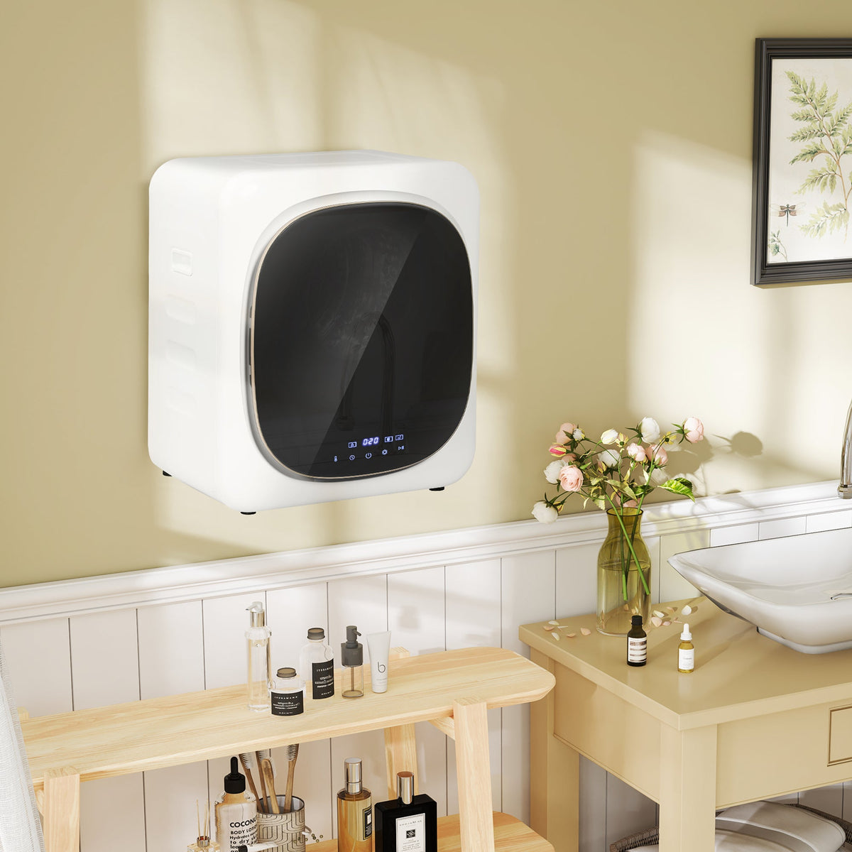 White compact front-load tumble dryer with black door window and LED control display