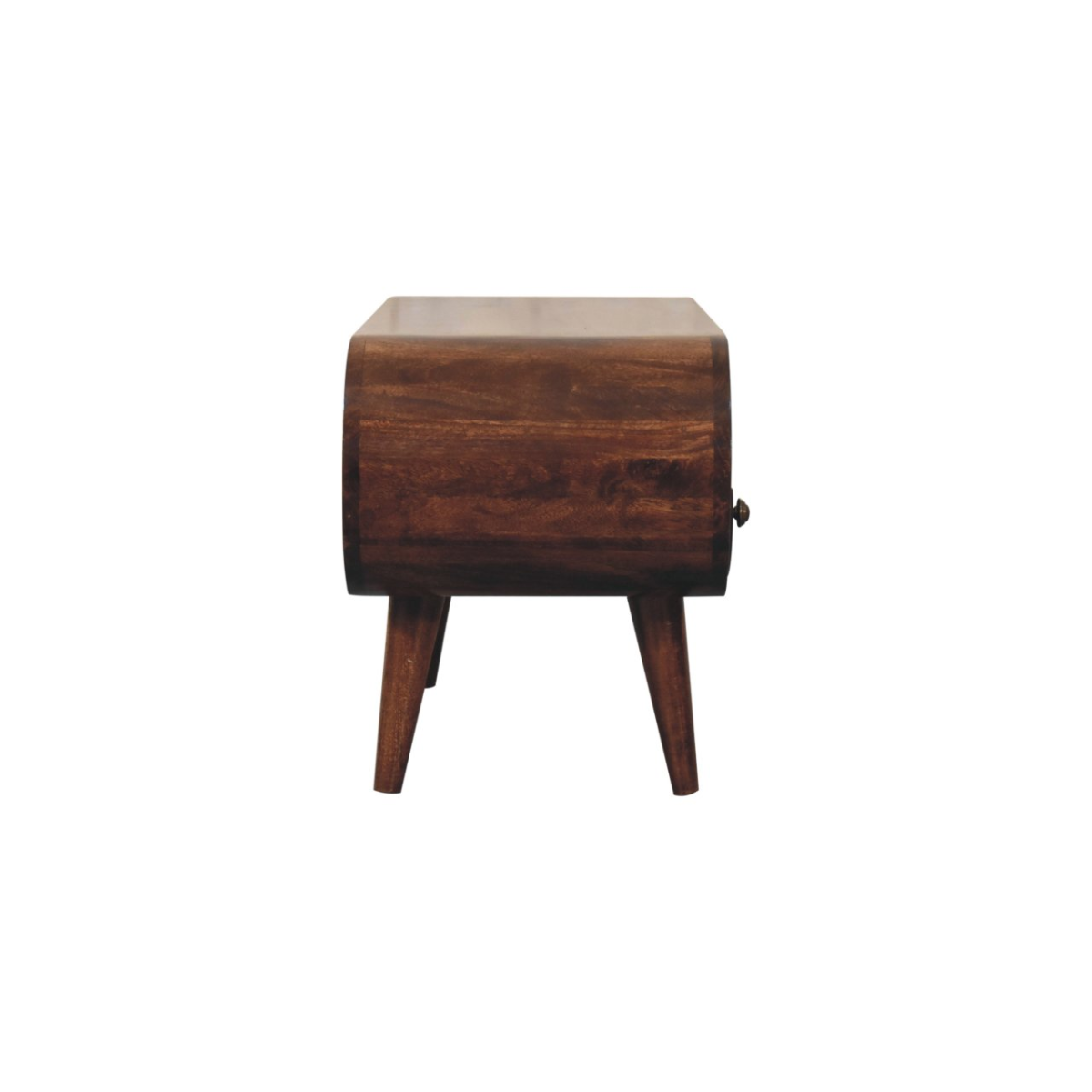 Walnut TV stand side with integrated drawer front and metal pull, tapered legs