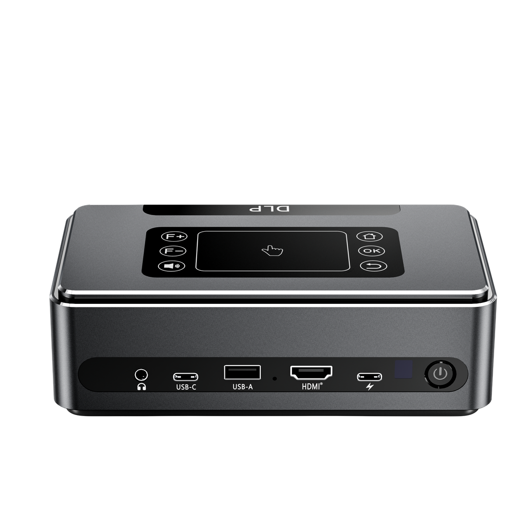 Portable DLP LED projector front control area with buttons and multiple port icons