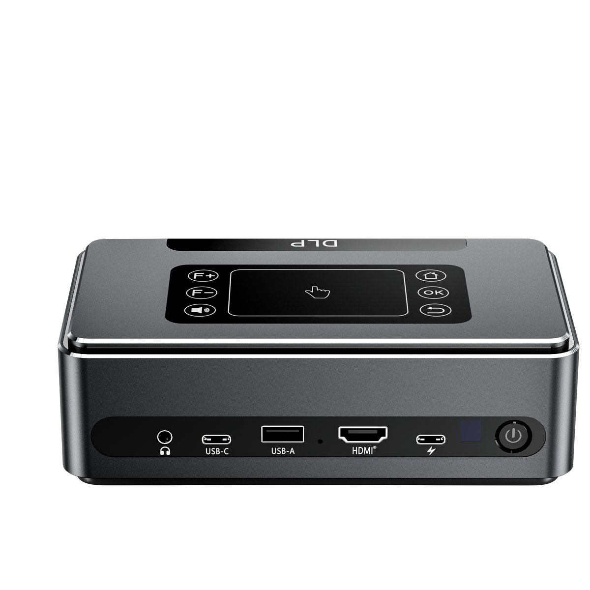 Portable DLP LED projector front control area with buttons and multiple port icons