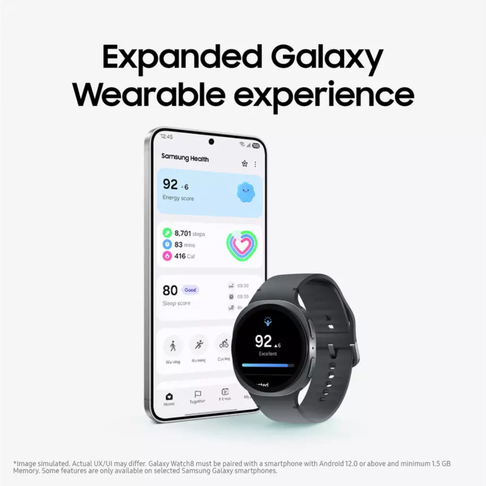 Graphite smartwatch next to smartphone displaying a health dashboard screen.
