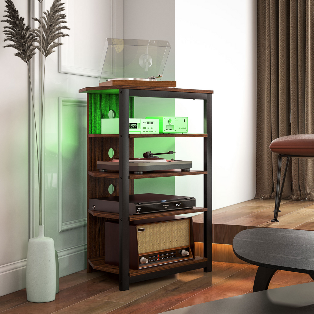 Wood TV stand with 4 open shelves, dark frame, and green LED lighting back panel.