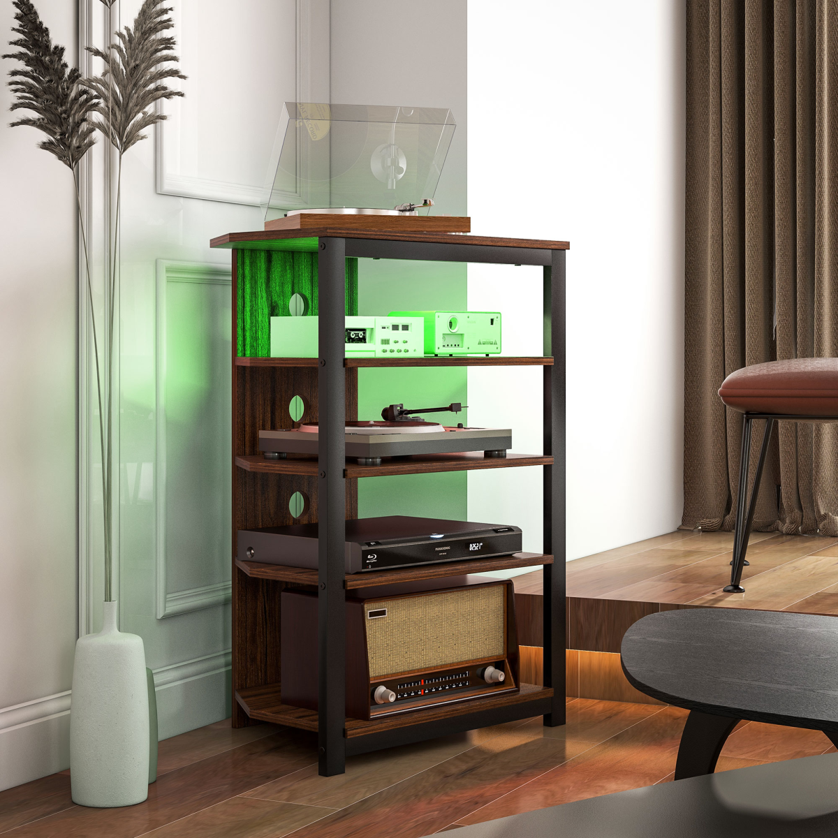 Wood TV stand with 4 open shelves, dark frame, and green LED lighting back panel.