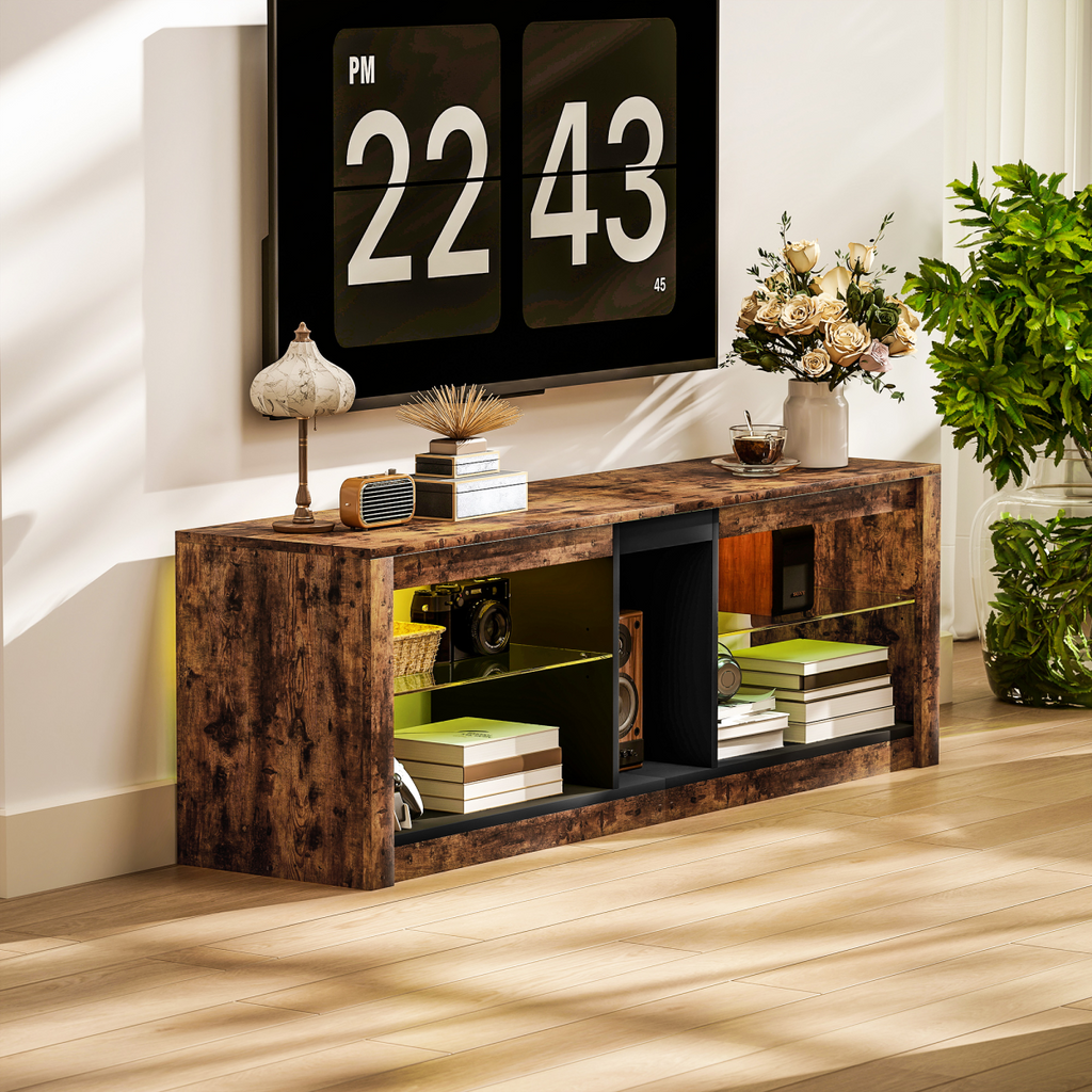 Rustic brown TV console with open shelves and central cabinet storage