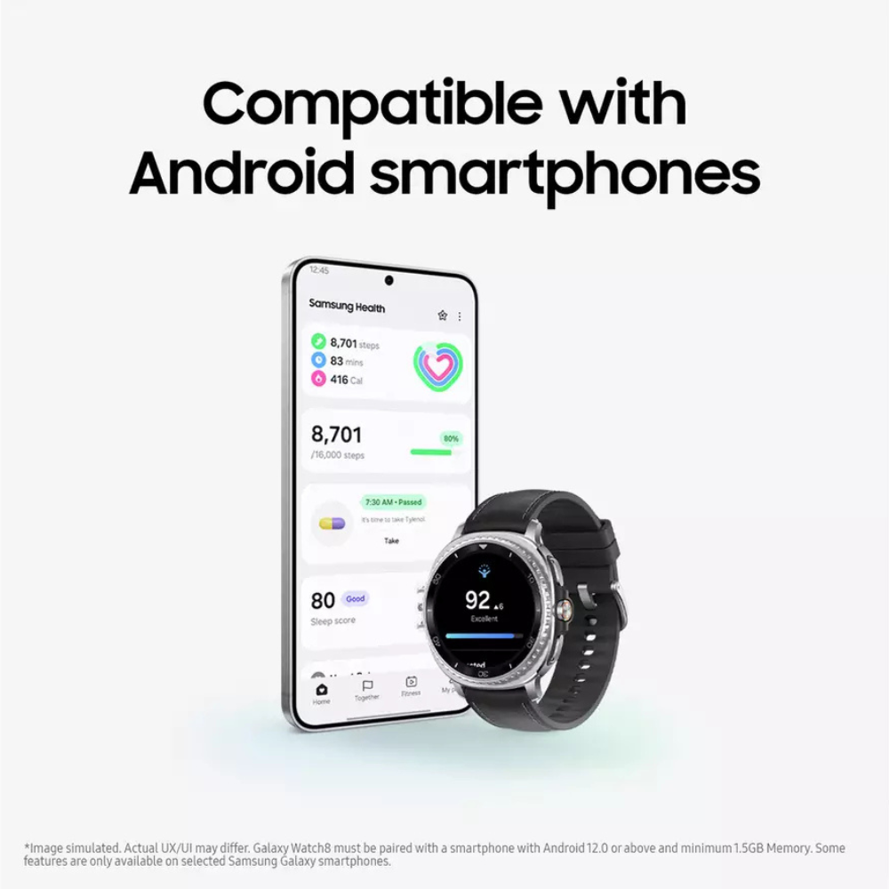 Black silicone-banded smartwatch with round face and rotating bezel, shown near a smartphone