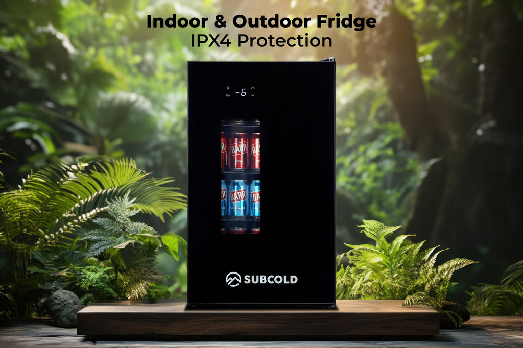 Black Subcold indoor/outdoor beer fridge with glass door and -6°C display