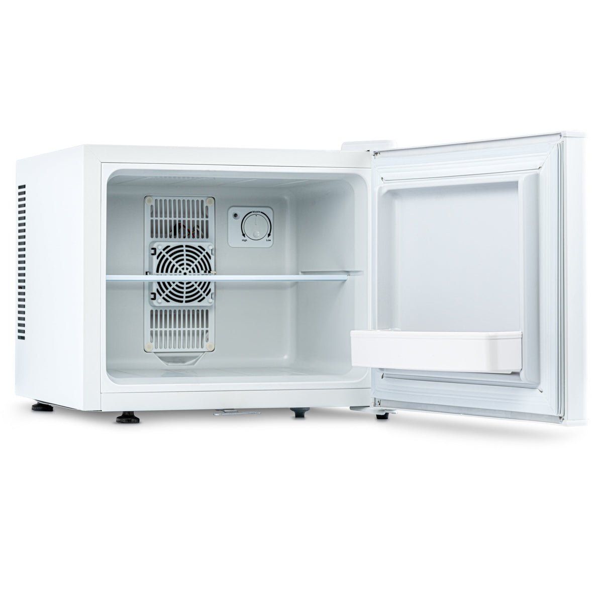 White mini fridge interior with fan grille and thermostat dial
