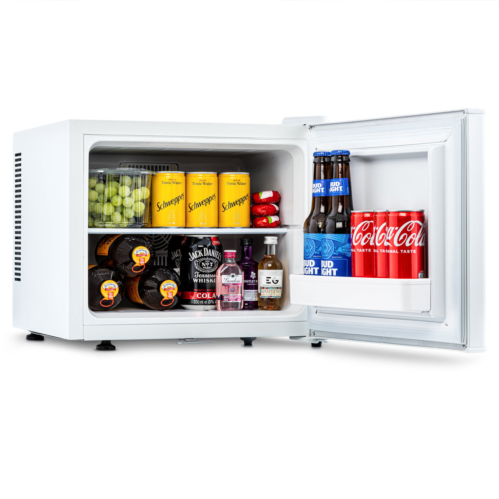 White mini fridge with open door and internal shelves holding drinks and food