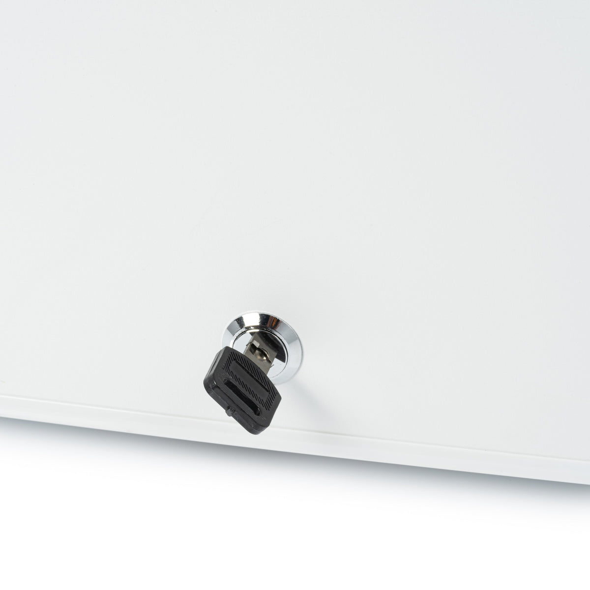 White mini fridge door lock with metal cylinder and key slot