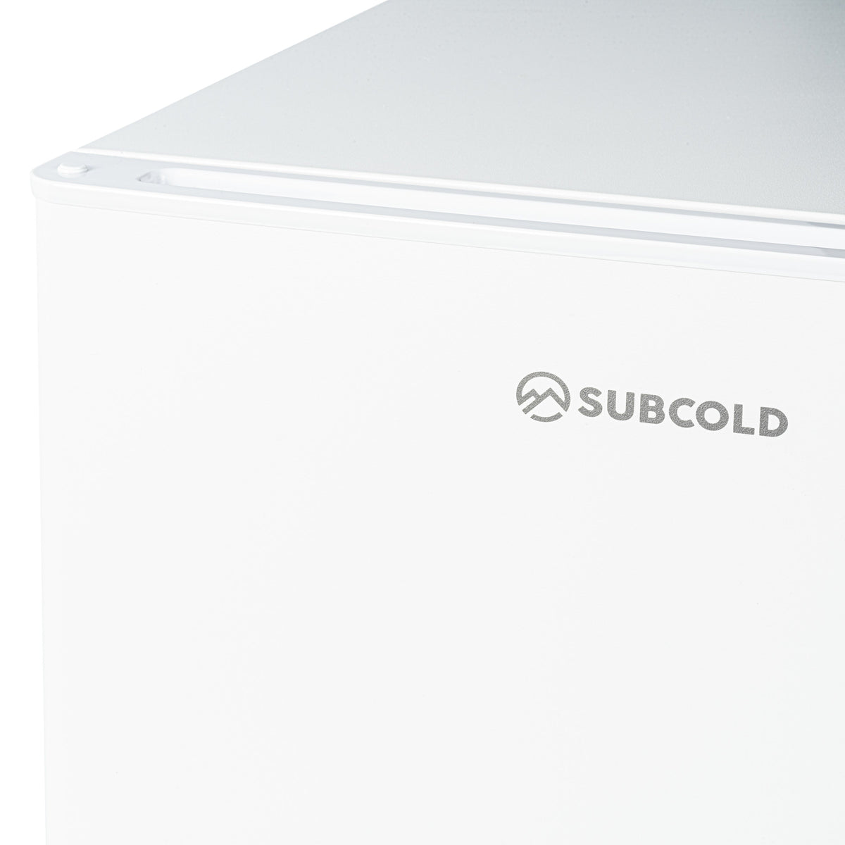 White mini fridge top with SUBCOLD logo