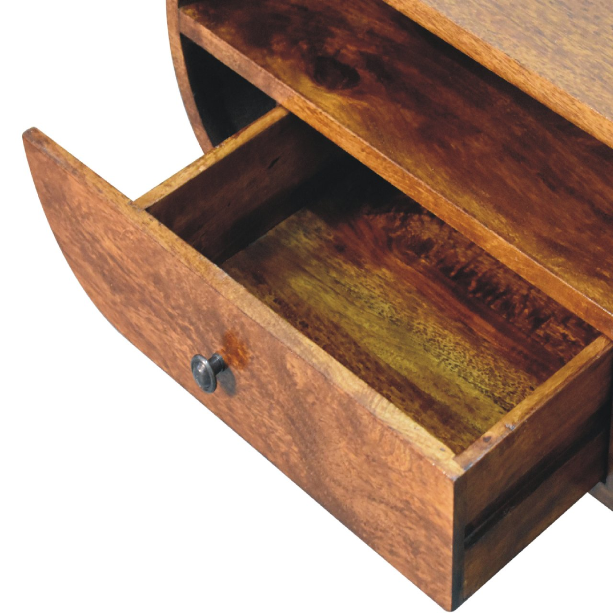 Open drawer compartment inside chestnut wood round TV stand with metal knob