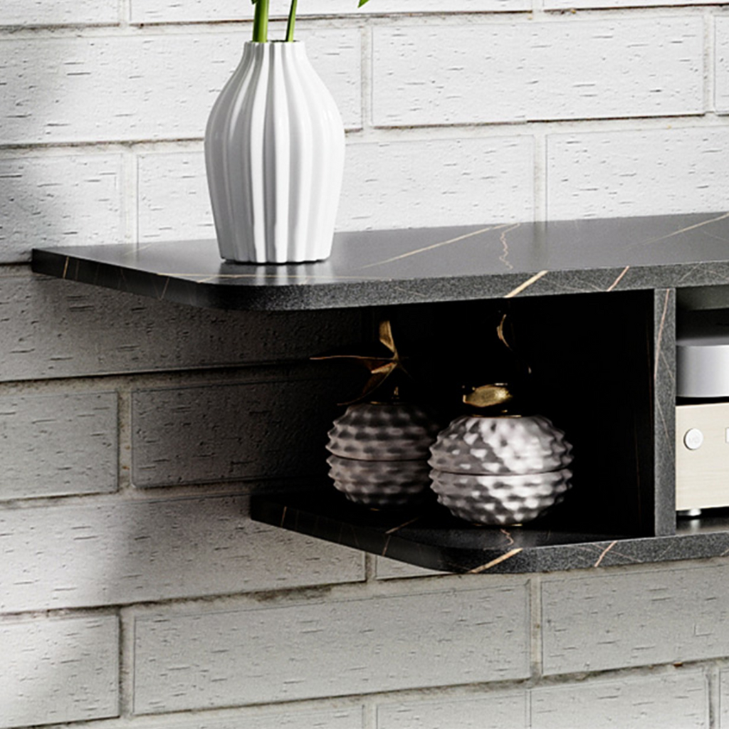 Black wall-mounted TV stand open side storage compartment with ceramic decor items