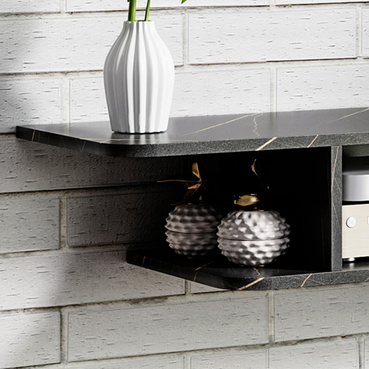 Black wall-mounted TV stand open side storage compartment with ceramic decor items