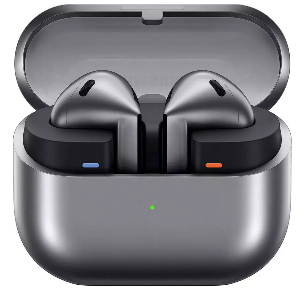 Silver wireless earbuds in charging case with indicator light accents