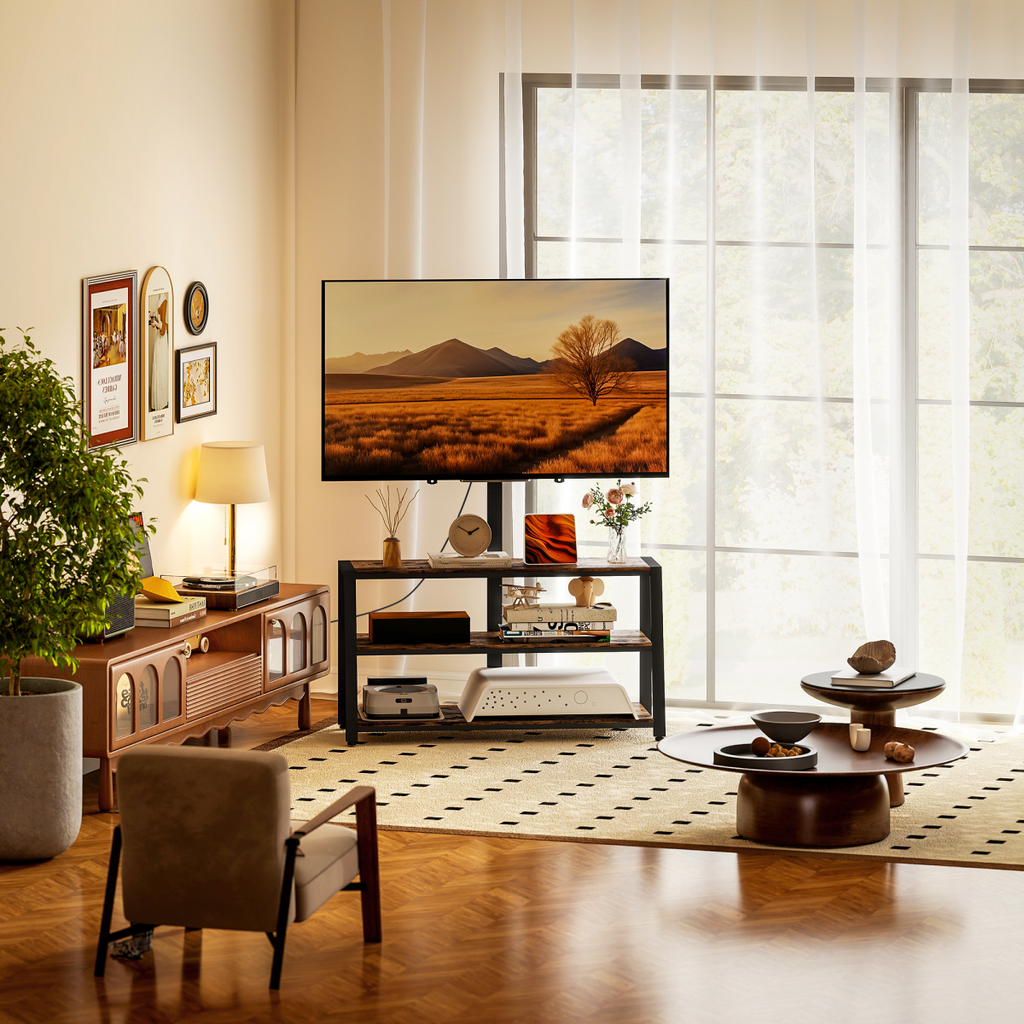 TV stand with swivel mount and open shelves, rustic wood top for TV and devices