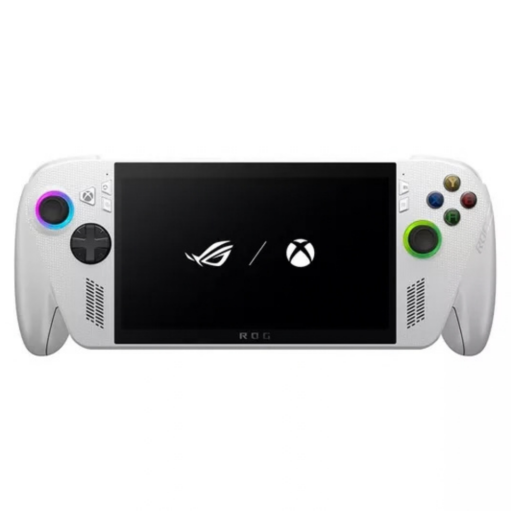White handheld gaming console with dual thumbsticks and multicolor face buttons