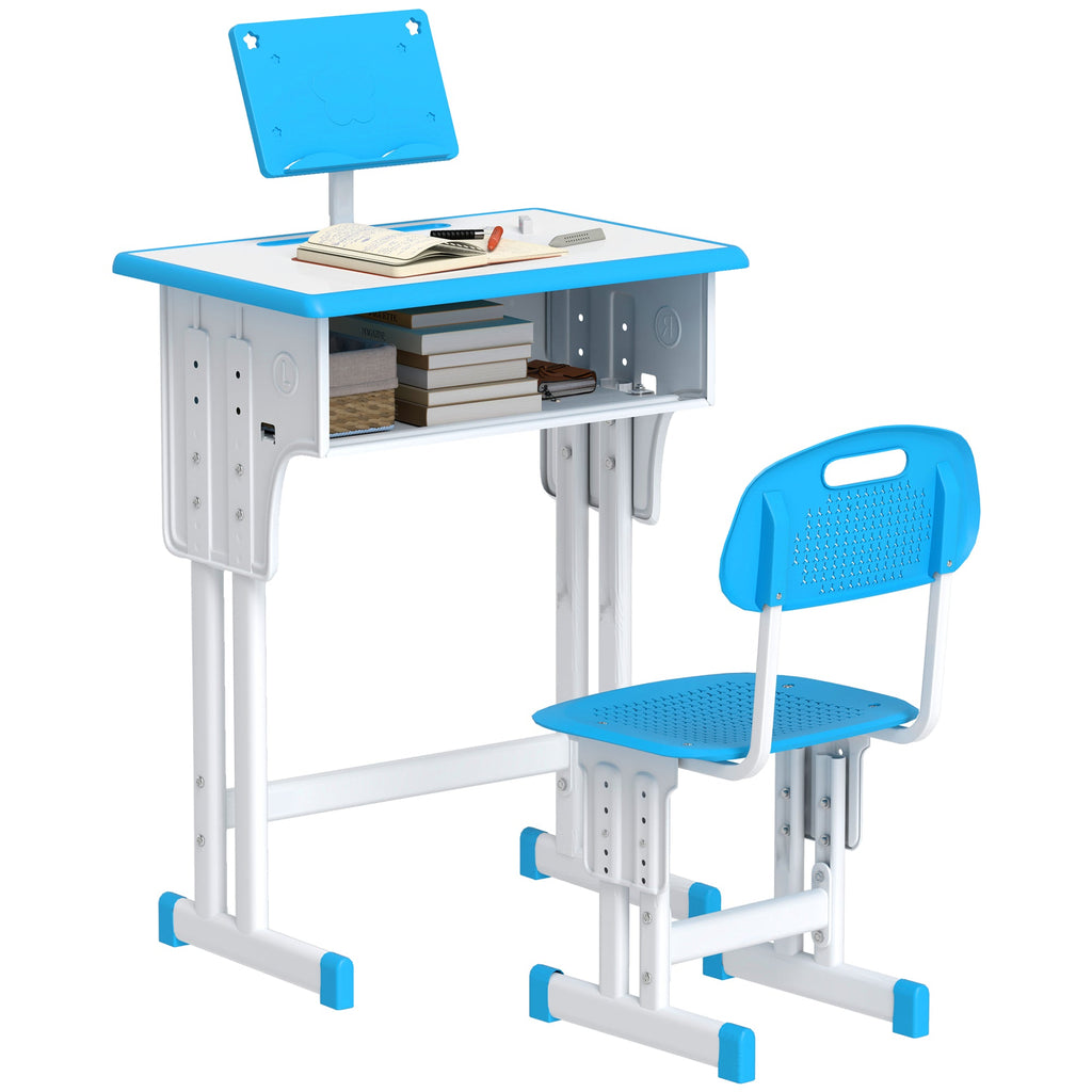 Kids adjustable desk and chair set with blue desktop, book stand, and matching chair