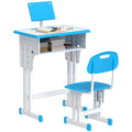 Kids adjustable desk and chair set with blue desktop, book stand, and matching chair