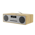 Wooden DAB radio CD player with dual speakers, display, and control buttons.
