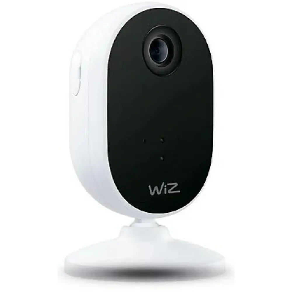 Indoor WiZ network camera with black front and wide-angle lens, white body.