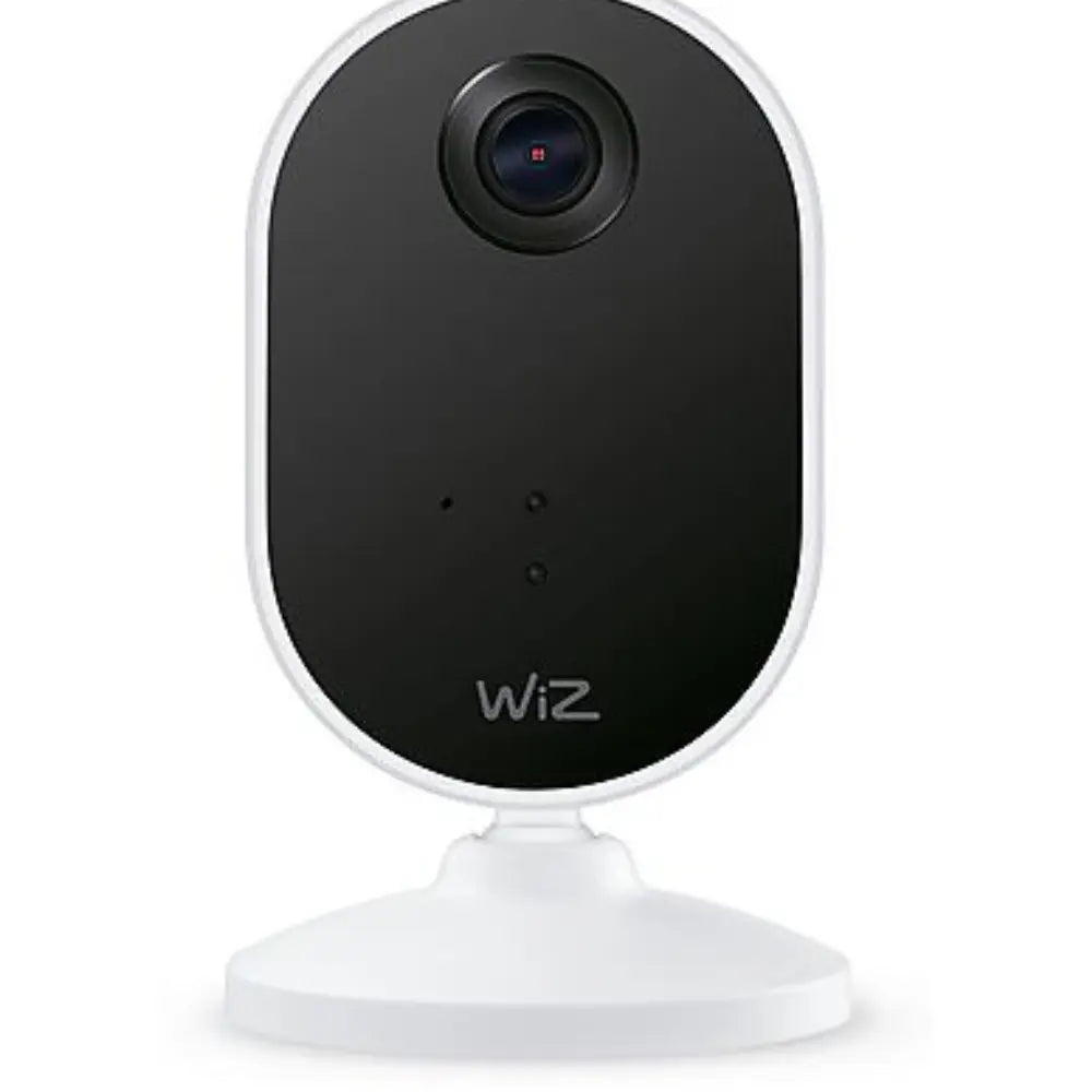 WiZ indoor network camera front view, black panel with lens and indicator lights.