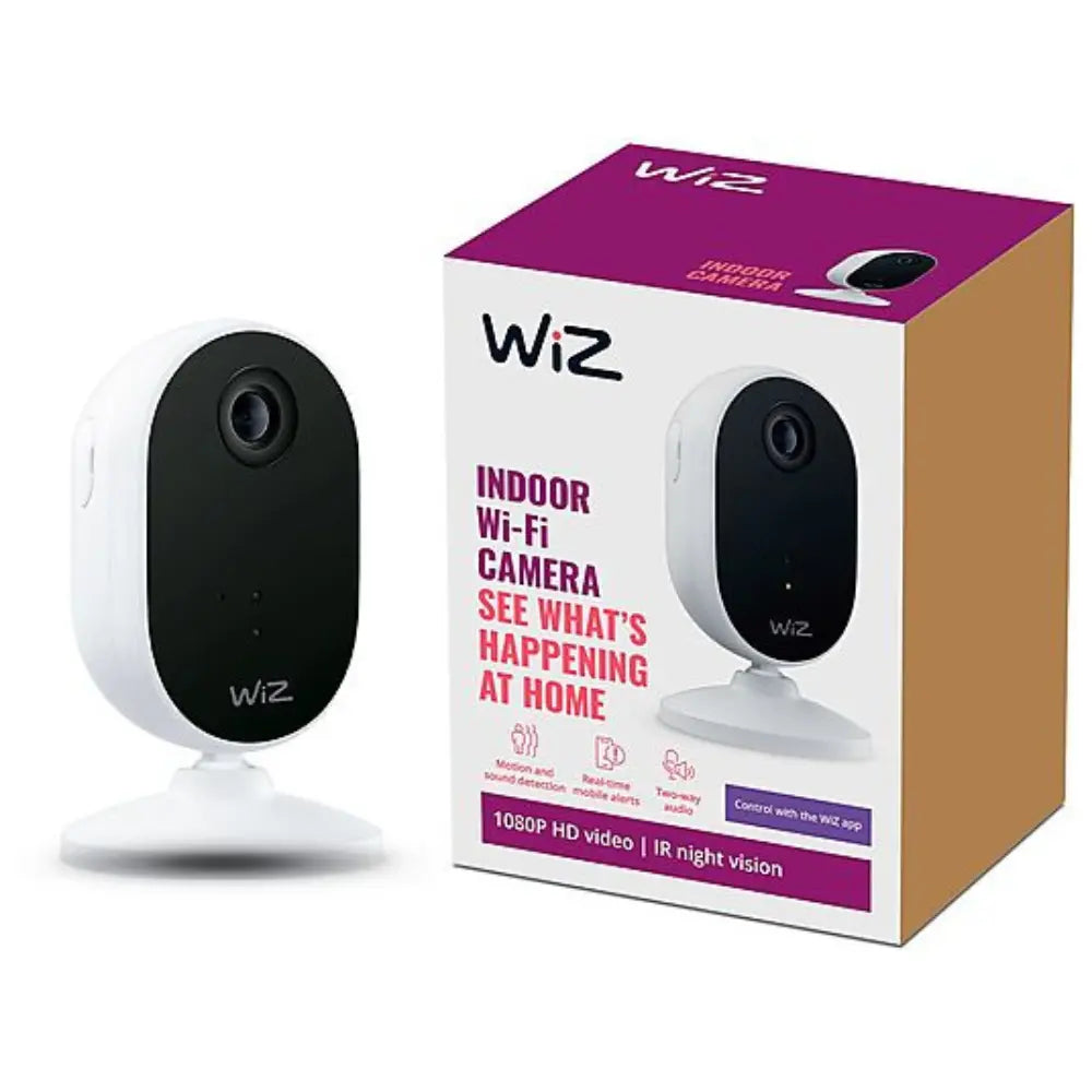 WiZ indoor Wi-Fi camera with retail box showing product branding and camera image.