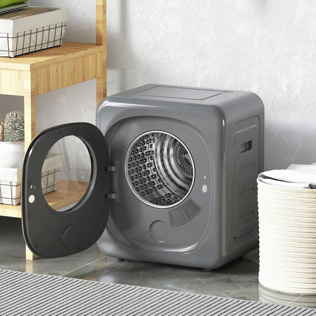 Grey vented front tumble dryer with open door and round viewing window.