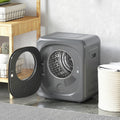 Grey vented front tumble dryer with open door and round viewing window.