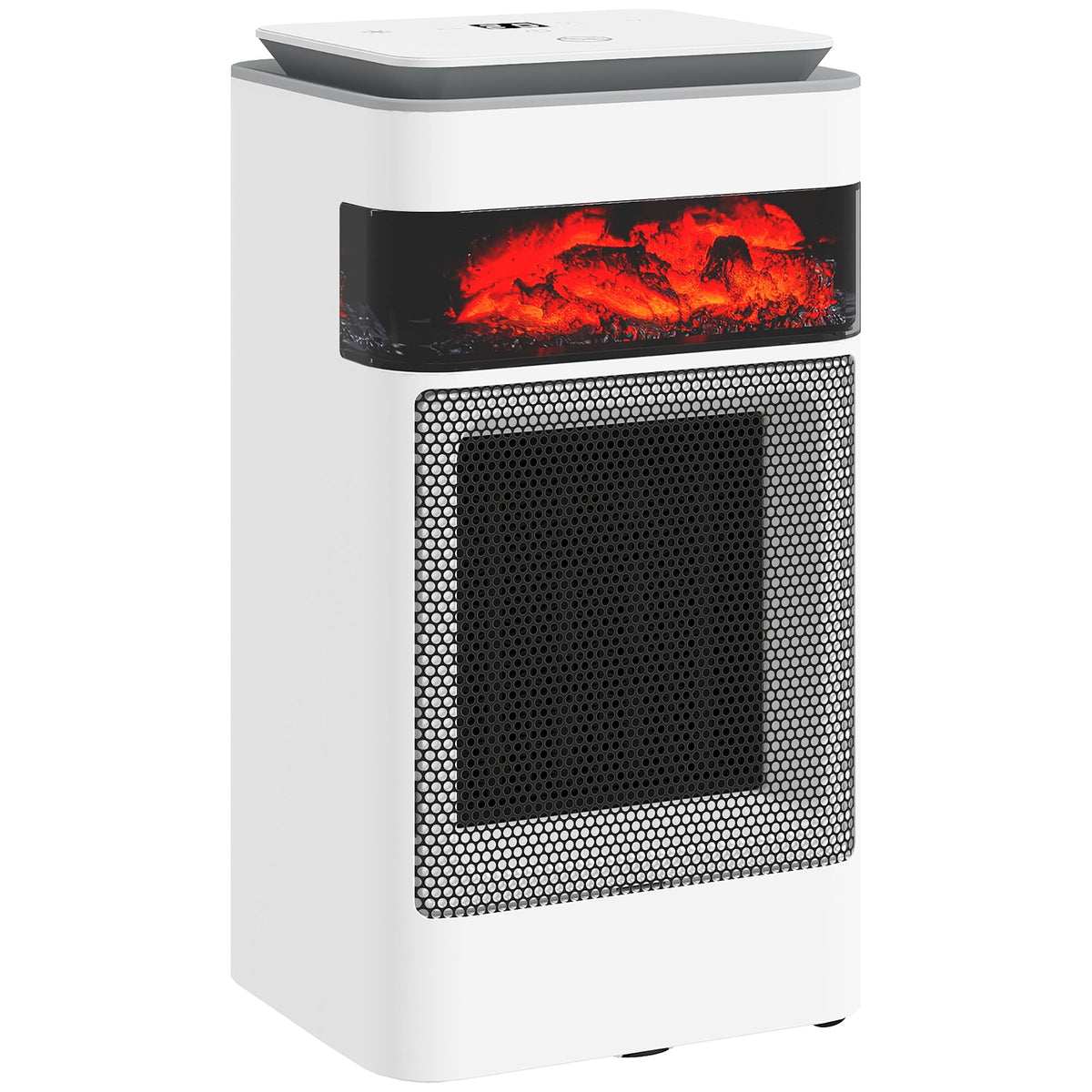 White ceramic electric space heater front view with flame window and square perforated grille