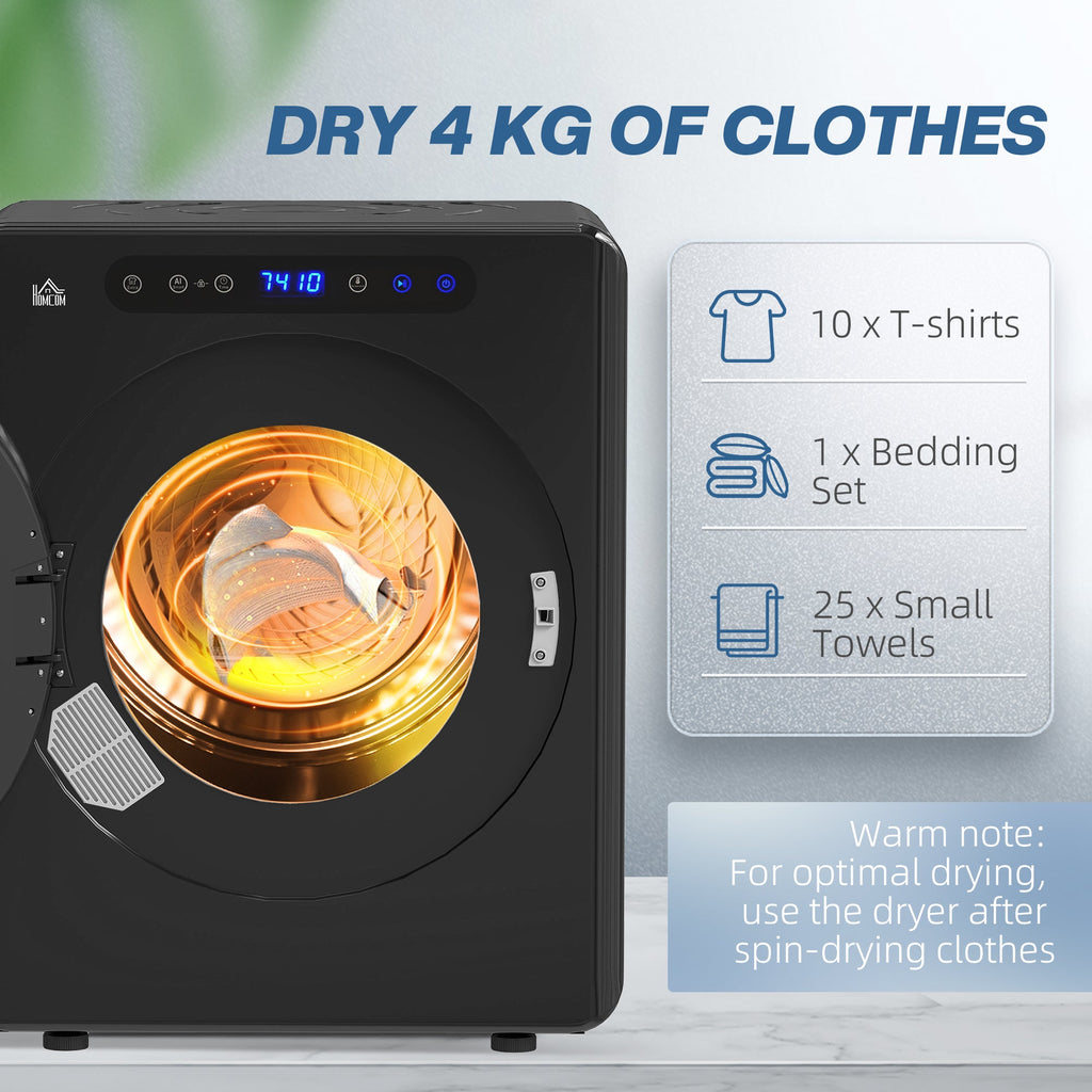 Black tumble dryer with door open, showing illuminated drum inside