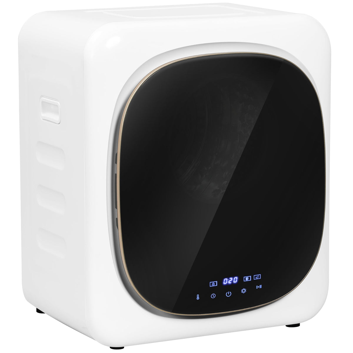 White compact front-load tumble dryer with black glass door and built-in control panel