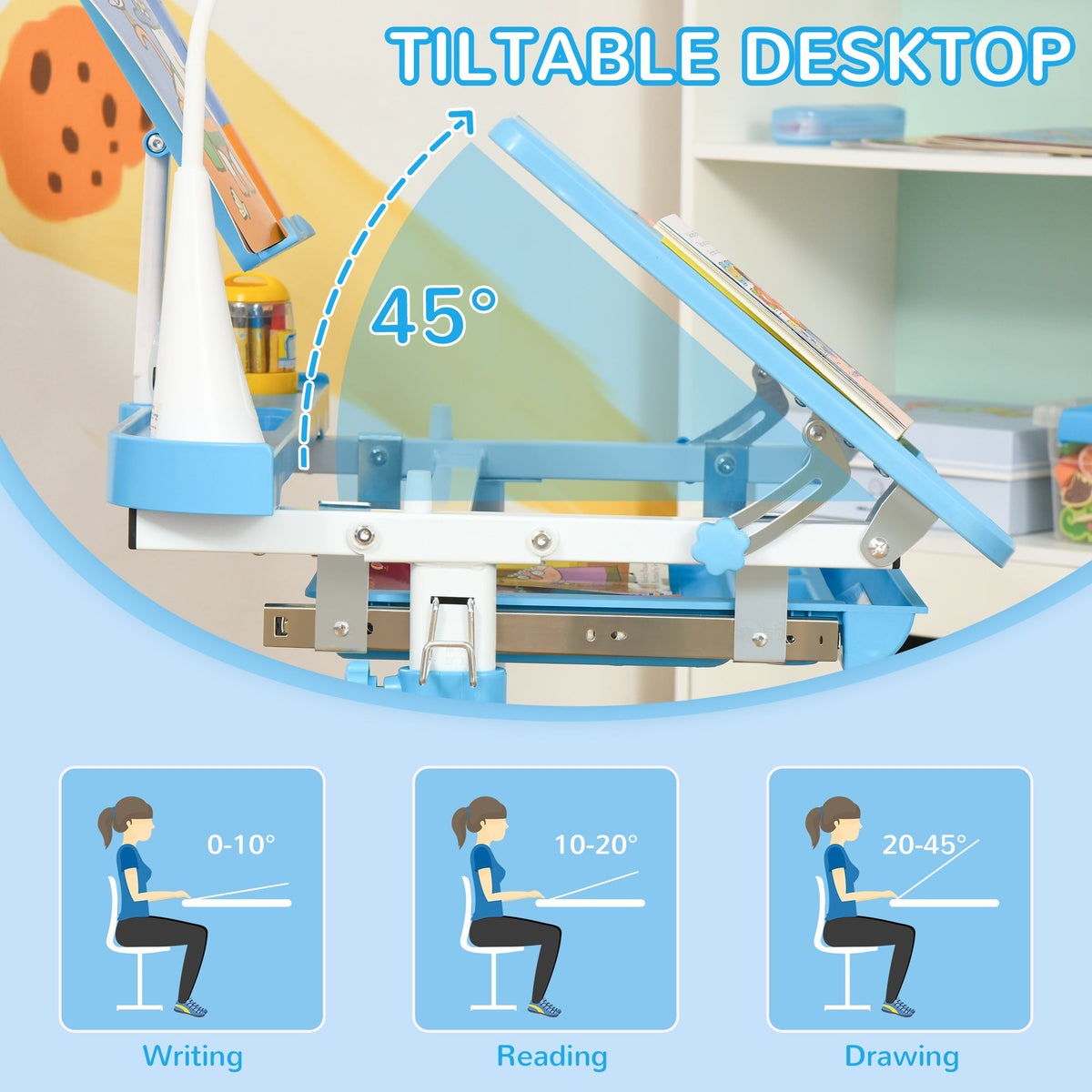 Kids study desk with tilting desktop at about 45 degrees, shown from the side