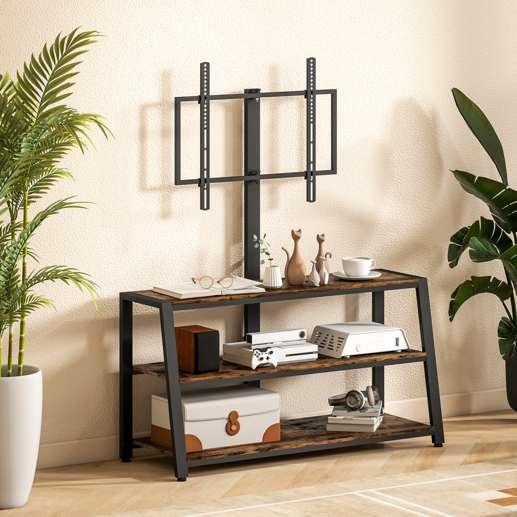 TV stand cabinet with wall-style swivel mount, open shelves, and rustic wood tabletop