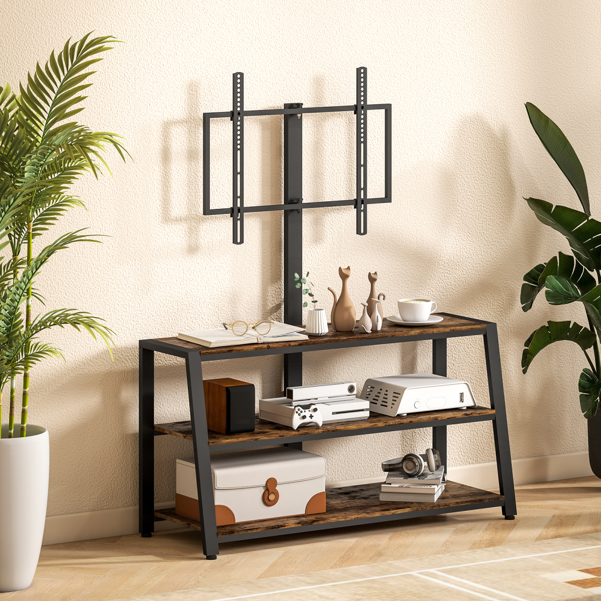 TV stand cabinet with wall-style swivel mount, open shelves, and rustic wood tabletop