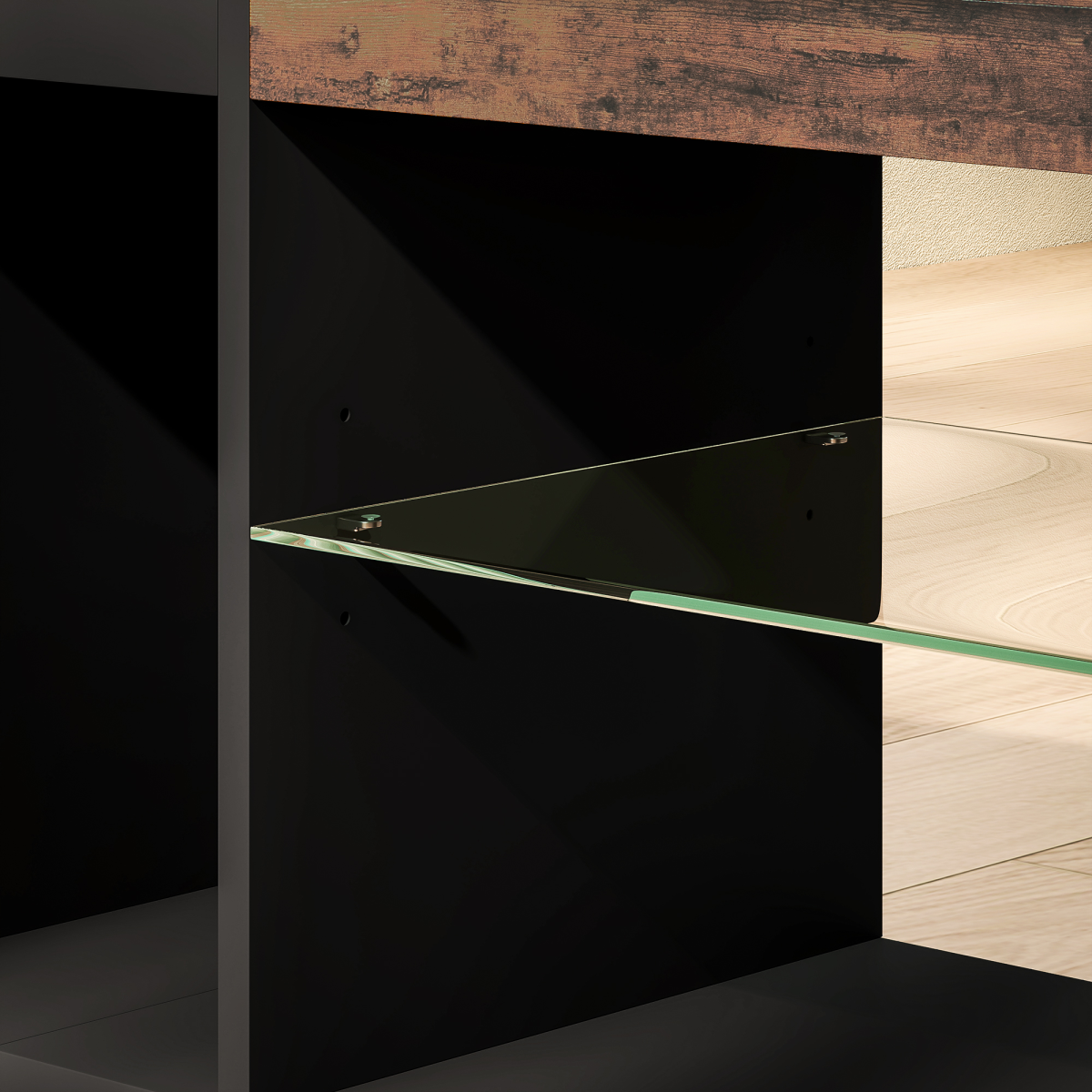 Close-up of dark interior shelf area with glass panel detail