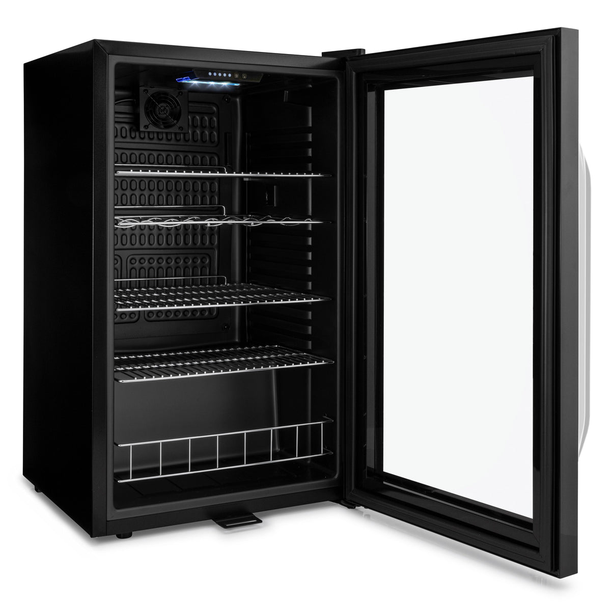 Black Subcold beer fridge door open showing adjustable wire racks inside