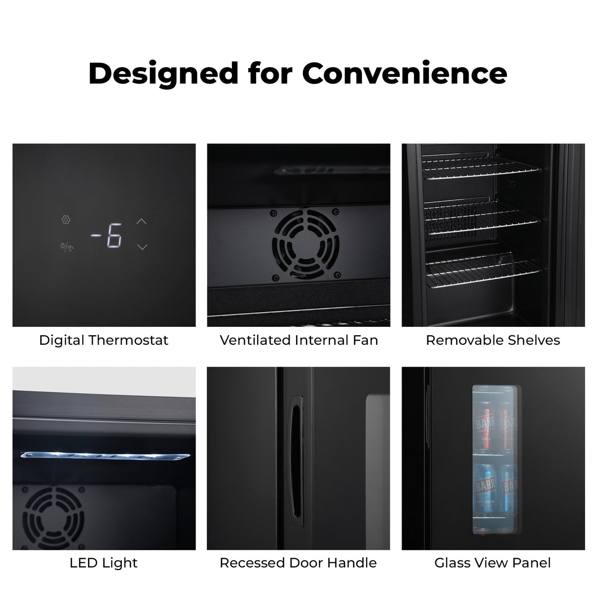 Beer fridge features graphic: digital thermostat, ventilated fan, removable shelves