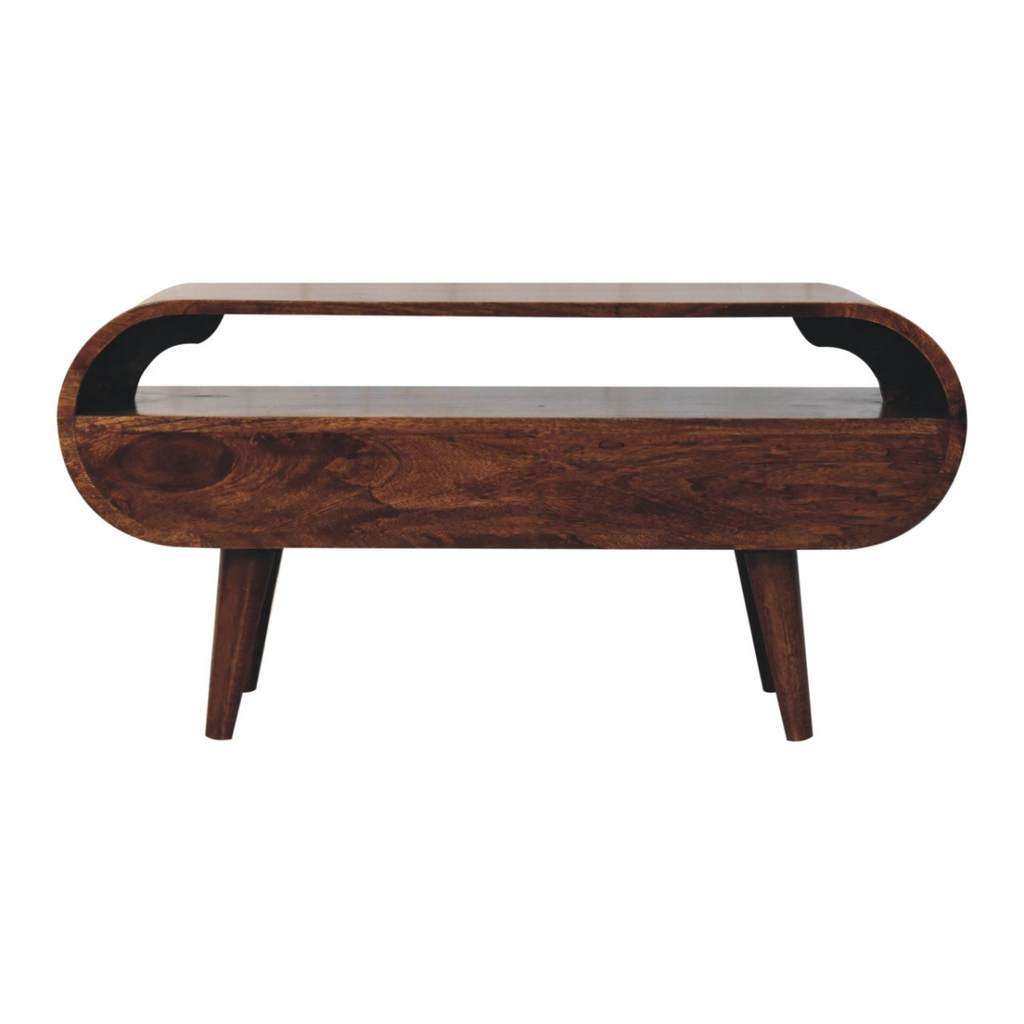 Walnut TV stand with open center shelf and tapered legs, rounded base