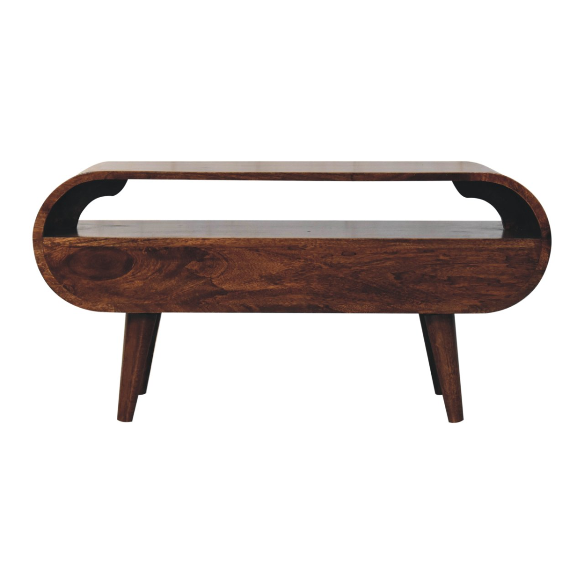 Walnut TV stand with open center shelf and tapered legs, rounded base