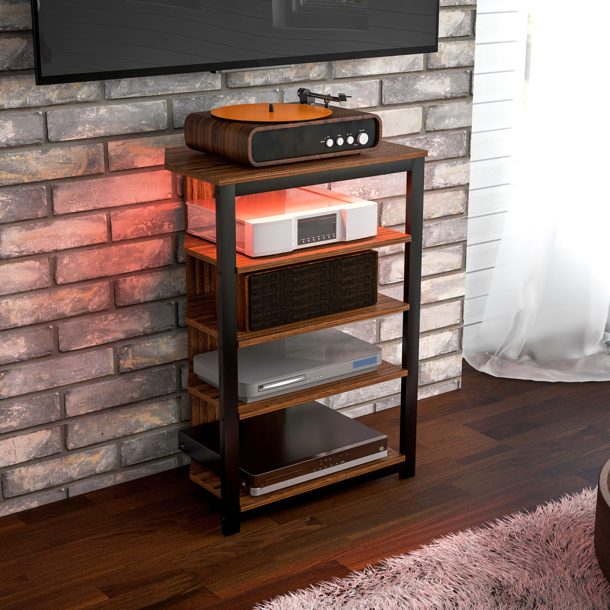 Wood TV stand with 4 shelves beside brick wall, black frame, and red LED lights.