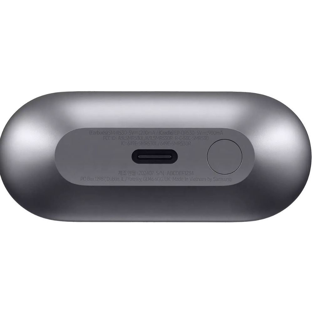 Silver charging case back with regulatory label area and round button