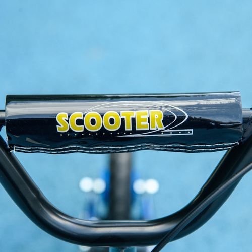 Kids kick scooter handlebar with dark blue deck and 'SCOOTER' graphic