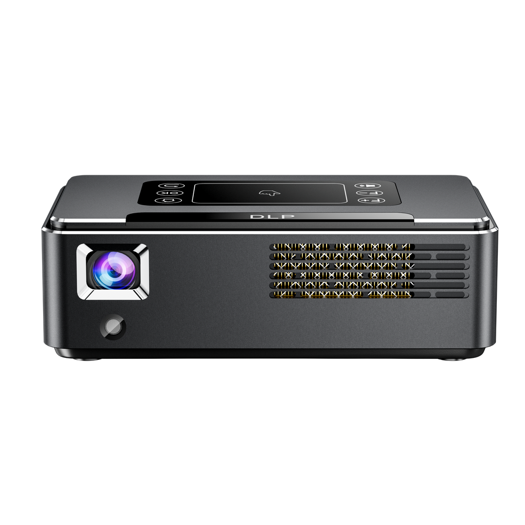 Portable DLP LED projector top view with lens, control buttons, and front speaker grille