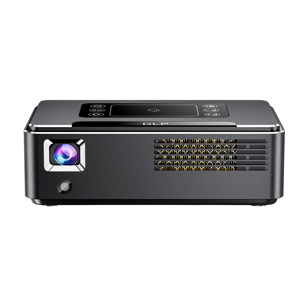 Portable DLP LED projector top view with lens, control buttons, and front speaker grille