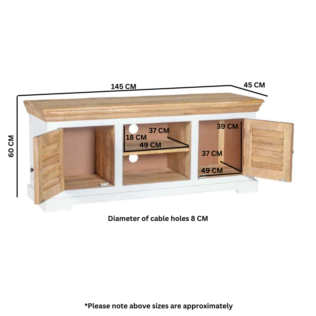 TV cabinet dimensions: 145 cm wide, 60 cm high, 45 cm deep; cable holes 8 cm.