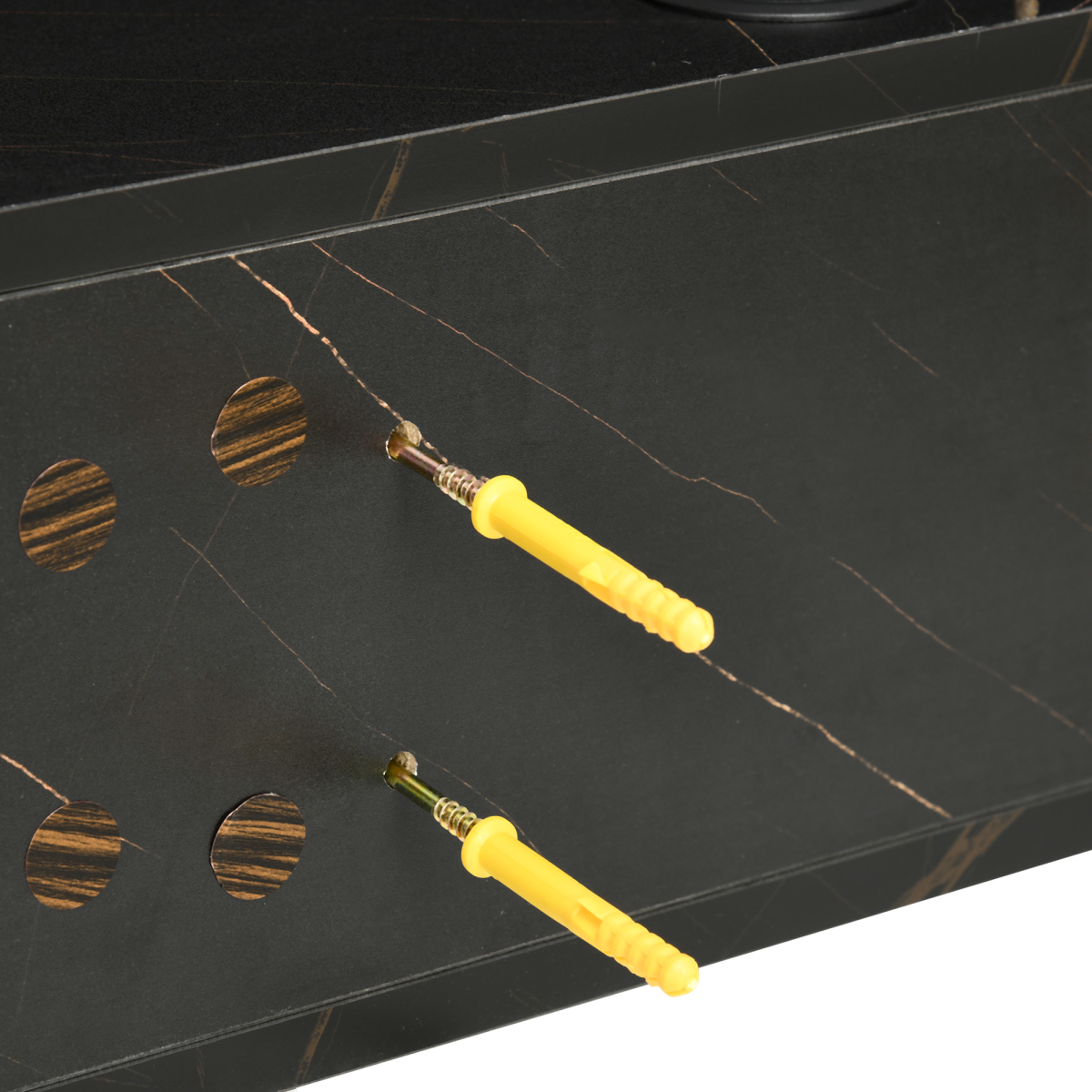 Black wall TV stand top with gold-veined surface and yellow hardware for mounting