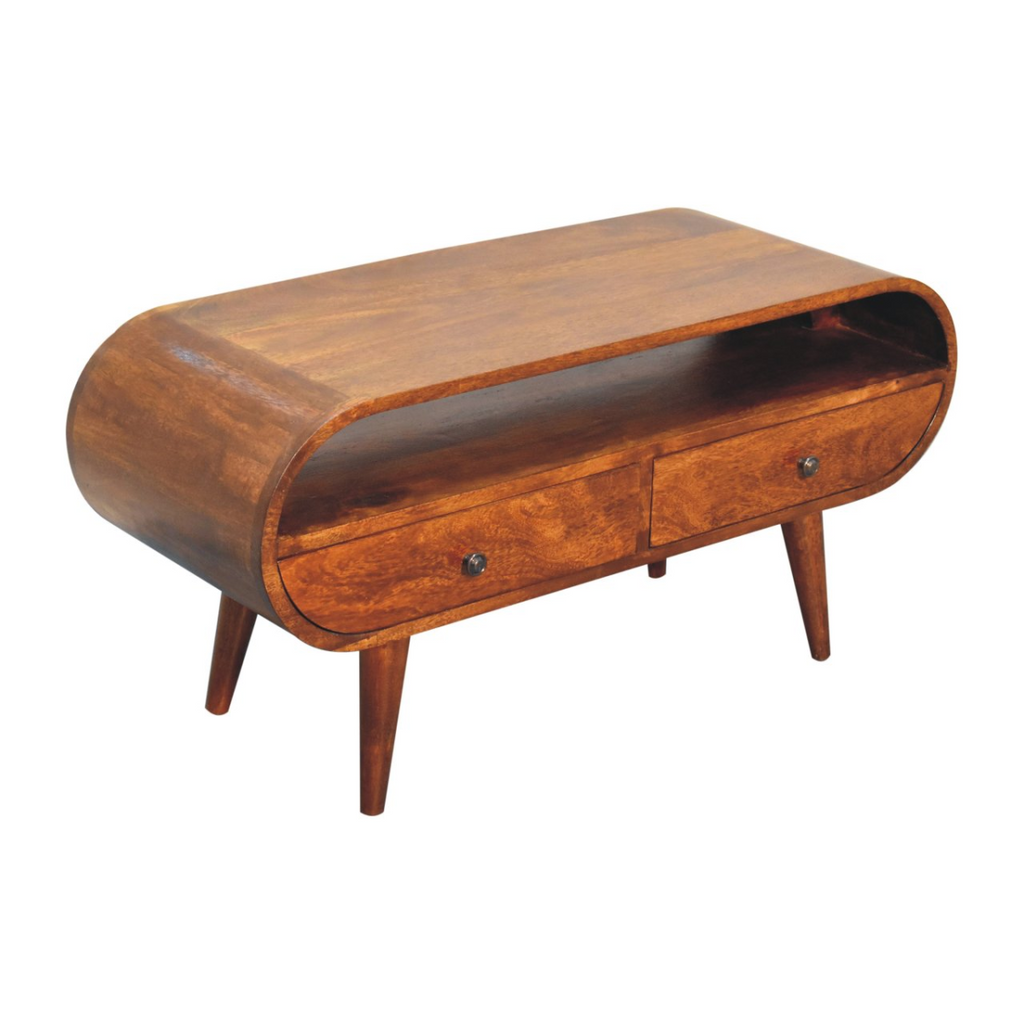 Chestnut circular TV stand with two drawers, curved ends, and open back shelf